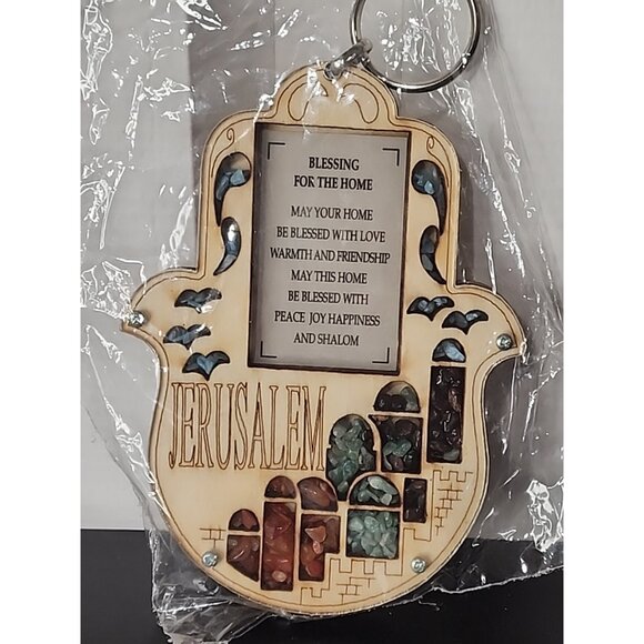 Wooden HAMSA Home Blessing Holy Land Gemstones Jerusalem Good Luck Wall Decor - Picture 1 of 2